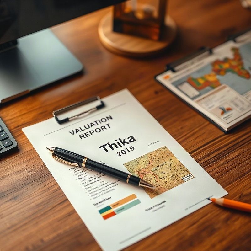 Professional desk with a written property valuation report and a Thika land map