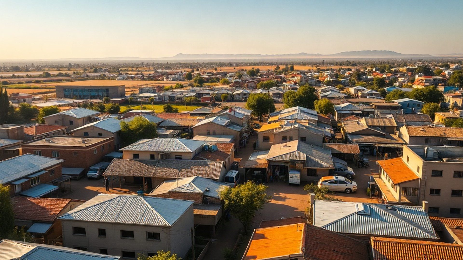 Aerial view of Thika town rooftops in golden morning light